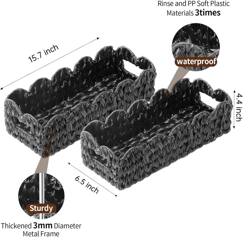 Coeusy Balck Toilet Basket,Set of 2 Scalloped Wicker Basket with Built-in Handles,Long Back of Toilet Baskets for Shelf,Tank Topper,Countertop,Rectangle - Image 3